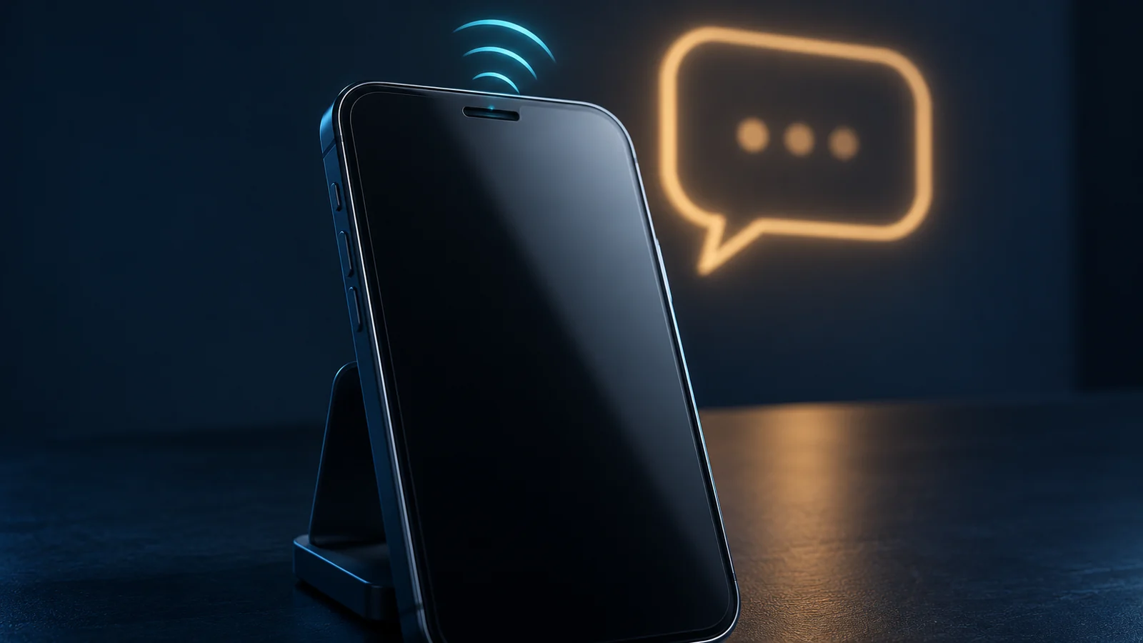 Conceptual illustration of a phone on a stand with sound waves near its earpiece