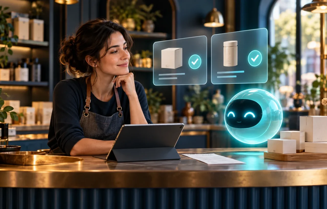 A shop owner with a tablet beside a conceptual AI assistant and approval cards
