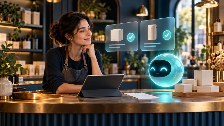 A shop owner with a tablet beside a conceptual AI assistant and approval cards
