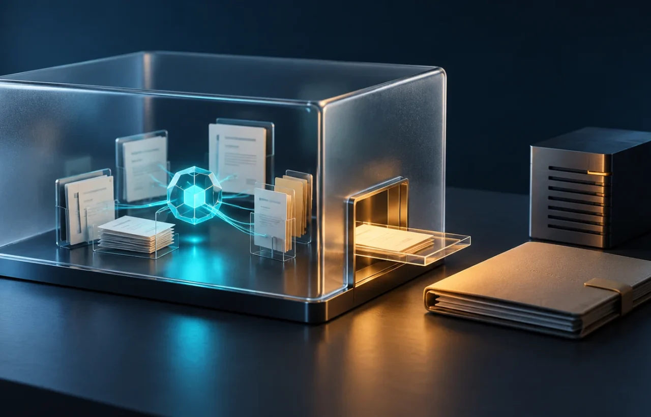 Cyan core and documents inside a glass enclosure with a controlled opening