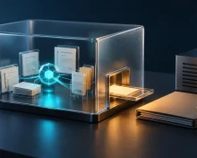 Cyan core and documents inside a glass enclosure with a controlled opening