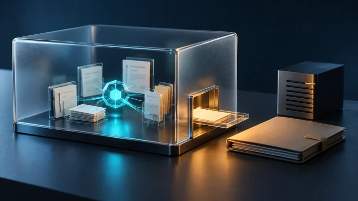 Cyan core and documents inside a glass enclosure with a controlled opening