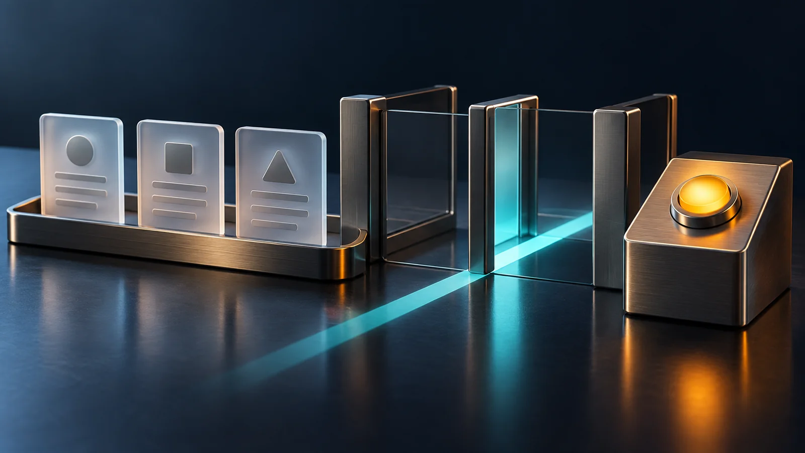 Glass cards beside a transparent gate and a separate control button