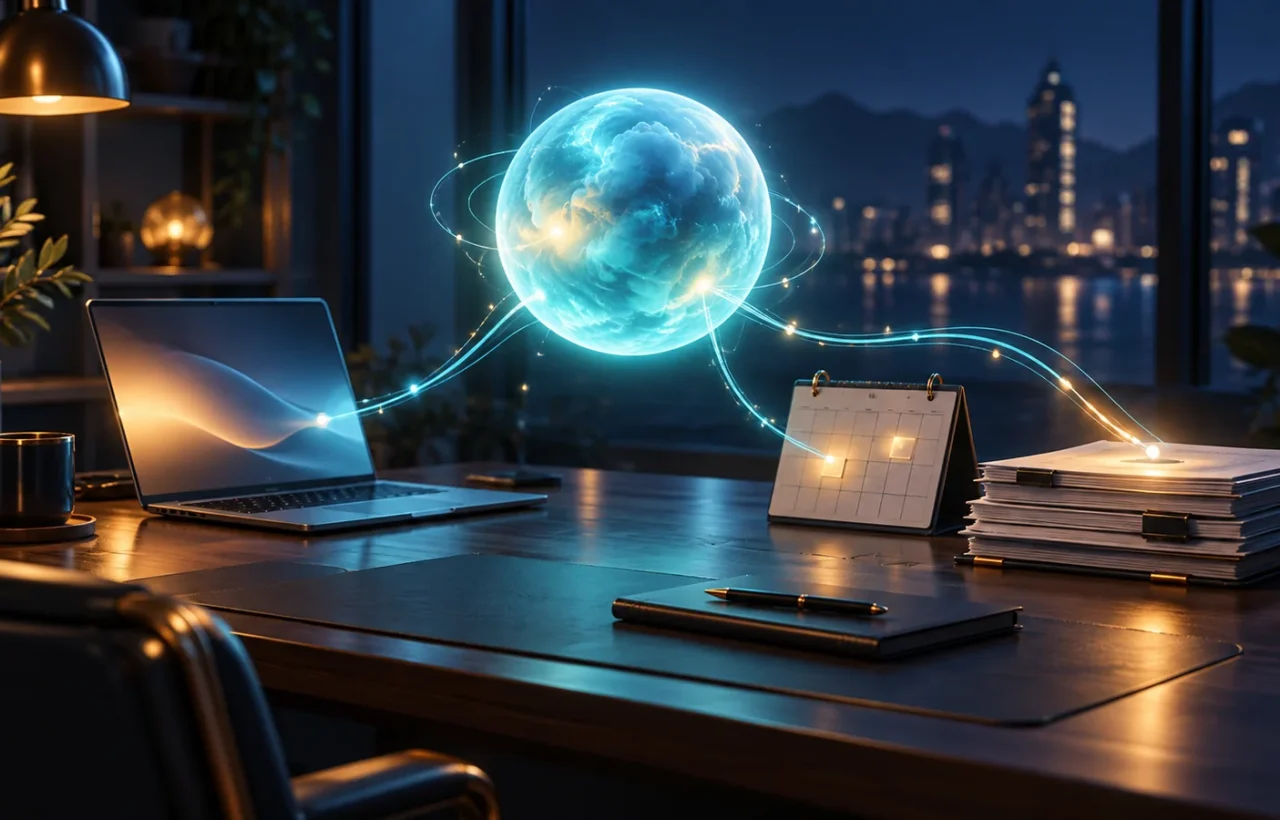 A cyan sphere above a desk with a laptop, calendar and documents