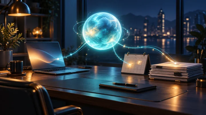 A cyan sphere above a desk with a laptop, calendar and documents