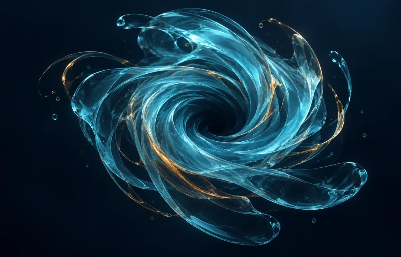 Abstract cyan vortex with fine amber strands against a dark navy background