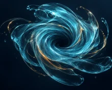 Abstract cyan vortex with fine amber strands against a dark navy background