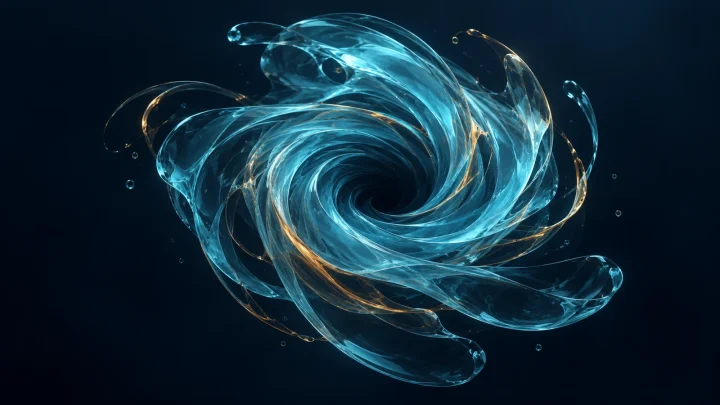 Abstract cyan vortex with fine amber strands against a dark navy background