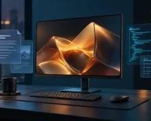 Monitor with an amber abstract form between document and code cards