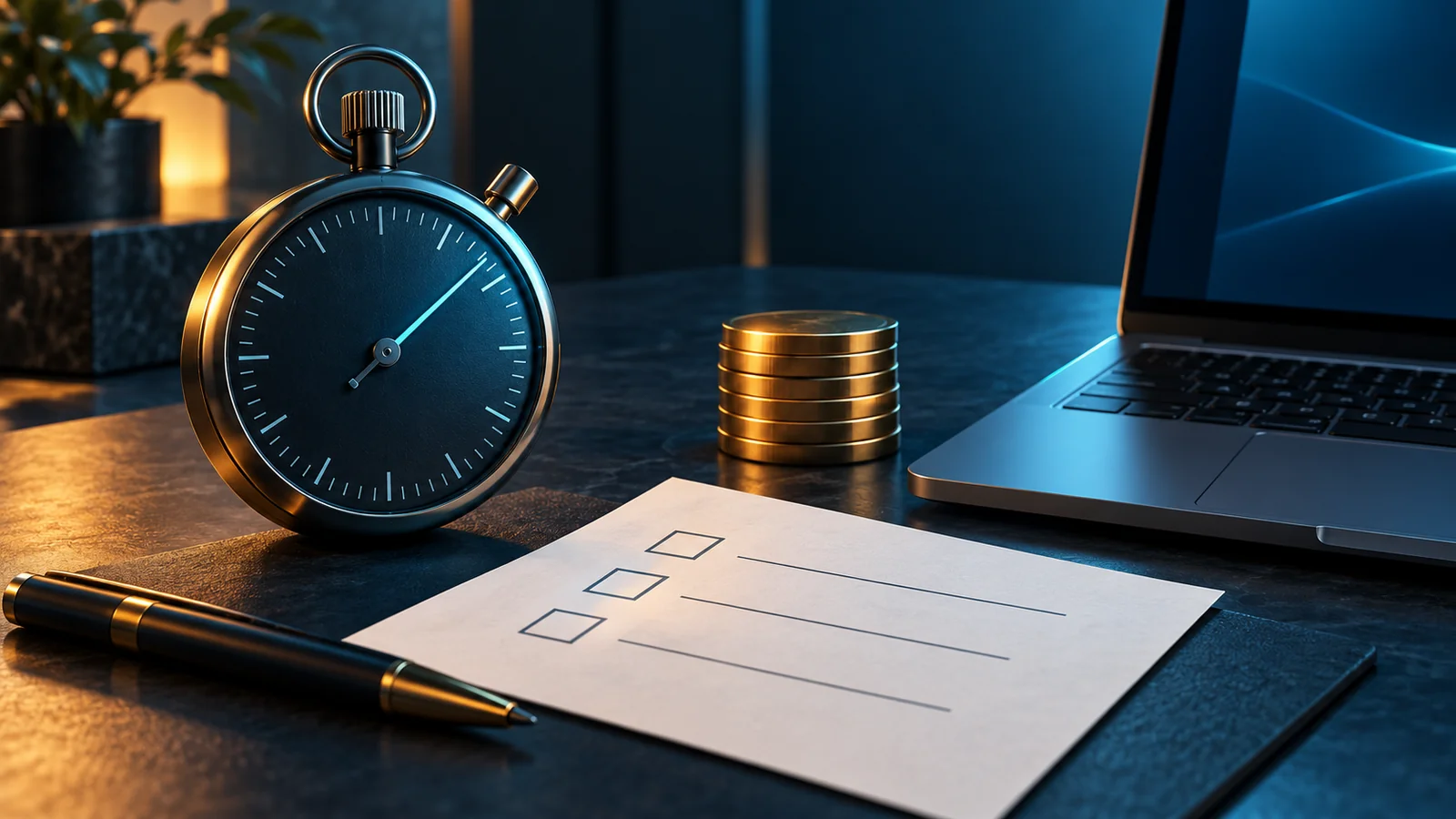 Stopwatch, paper checklist and metal discs beside a laptop