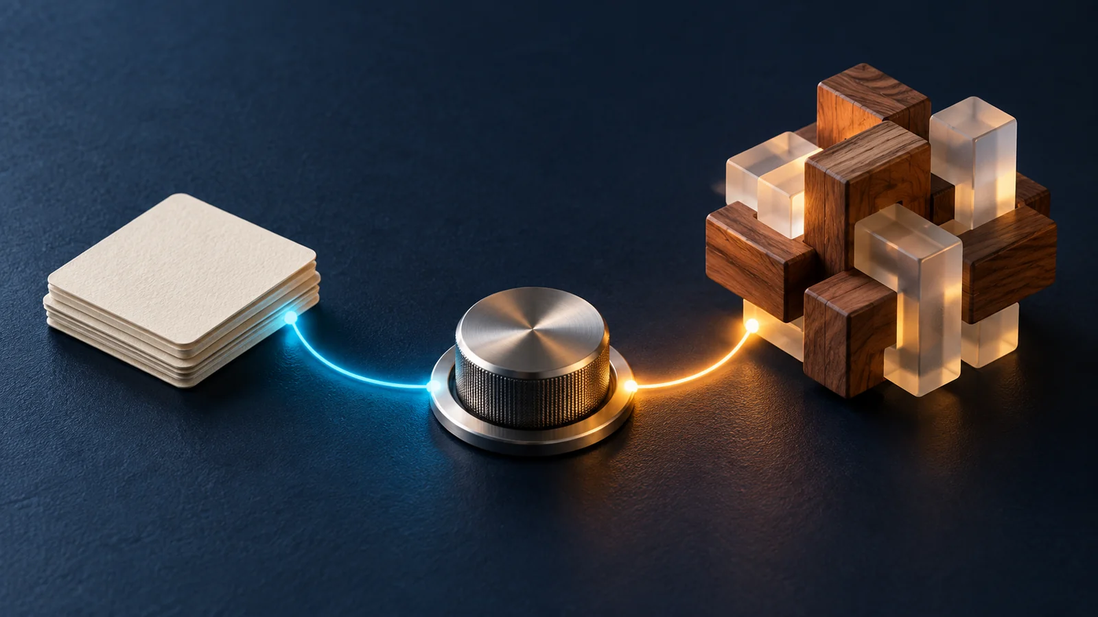 Metal dial between paper cards and a wood-and-glass puzzle