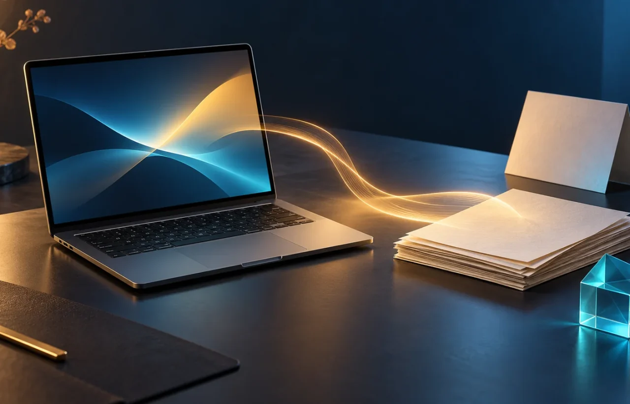 Laptop, paper documents and a cyan glass cube on a dark desk
