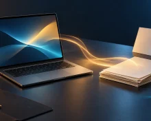Laptop, paper documents and a cyan glass cube on a dark desk