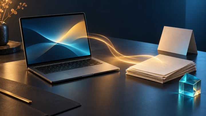 Laptop, paper documents and a cyan glass cube on a dark desk