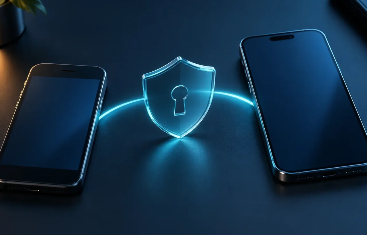 Conceptual illustration of two phones and securely transferring account access