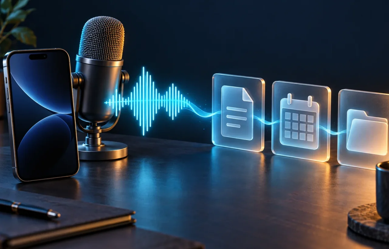 Smartphone and microphone with a sound wave leading to document, calendar and folder cards