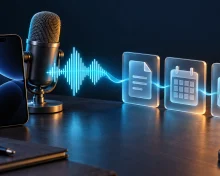 Smartphone and microphone with a sound wave leading to document, calendar and folder cards