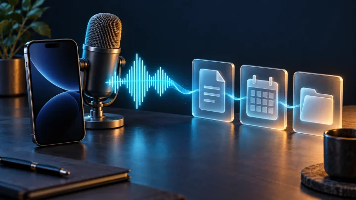Smartphone and microphone with a sound wave leading to document, calendar and folder cards