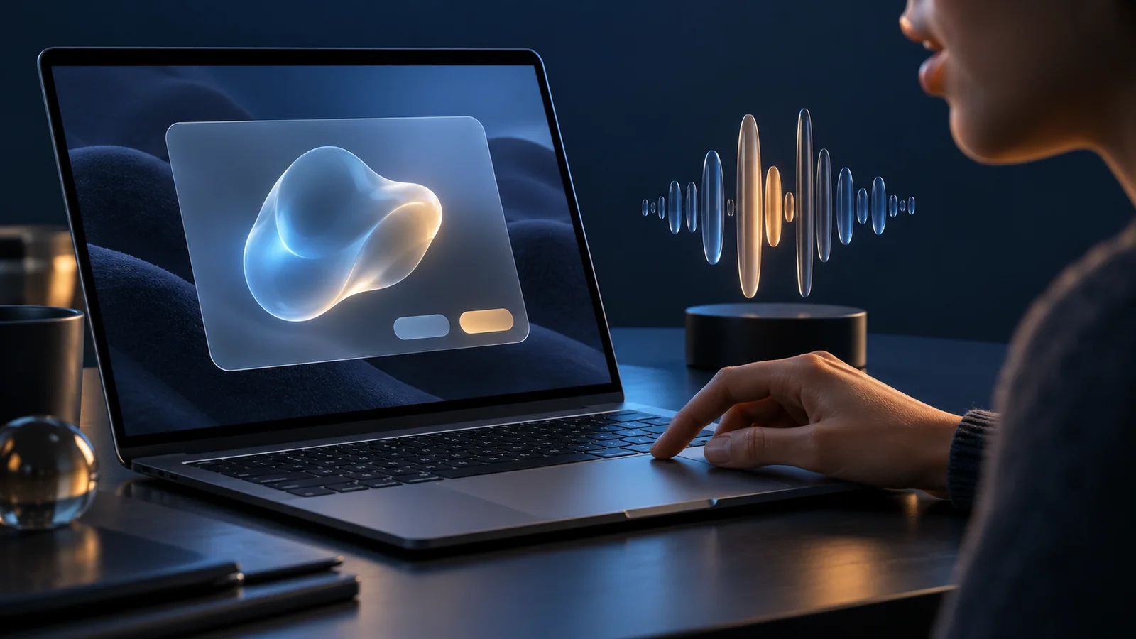 Hand beside a laptop trackpad with a conceptual action panel and sound wave nearby