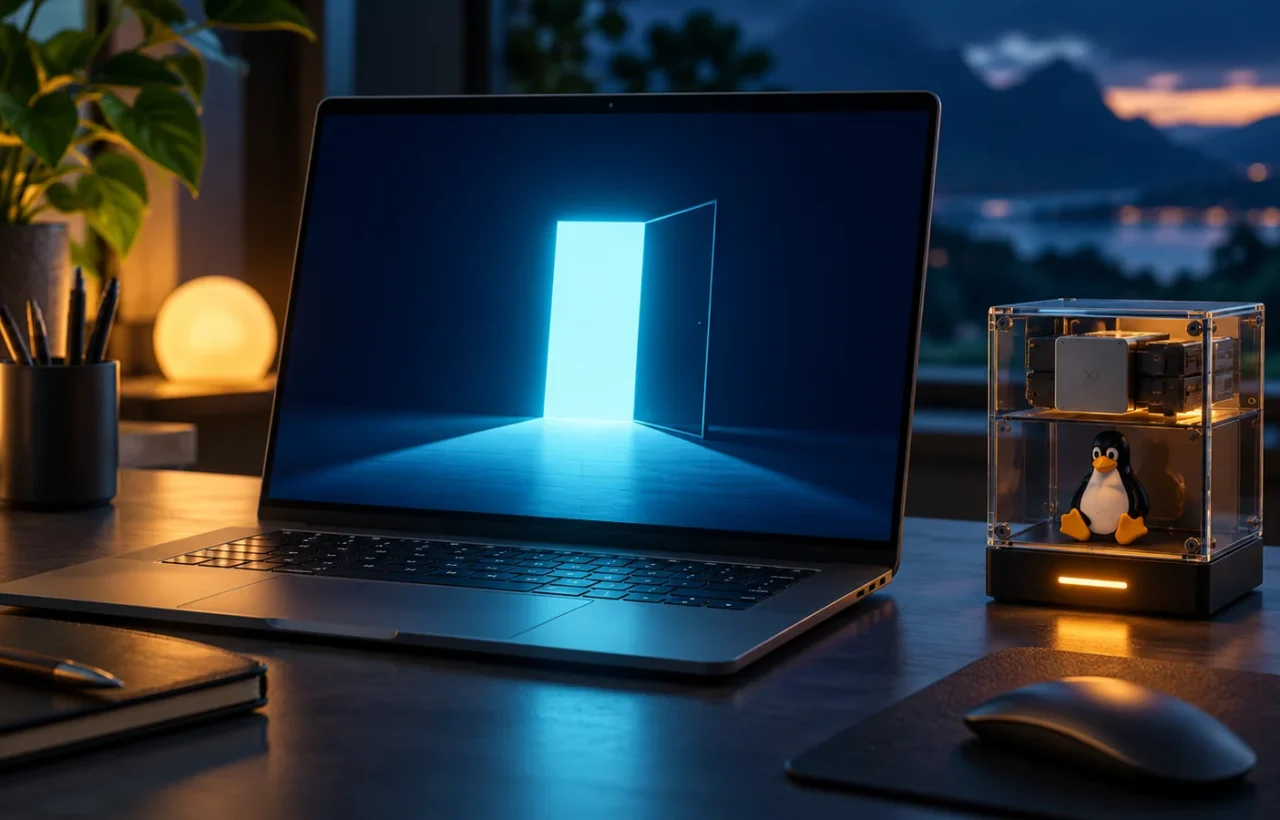 A laptop with a glowing portal on screen beside a transparent container holding a penguin figure