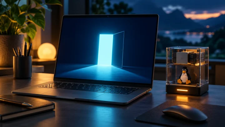 A laptop with a glowing portal on screen beside a transparent container holding a penguin figure