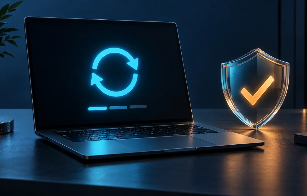 Open laptop with a cyan update symbol beside a glass shield