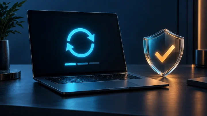 Open laptop with a cyan update symbol beside a glass shield