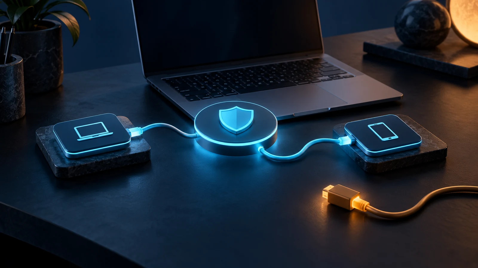 Cyan security hub with two connected device tiles and a separate disconnected amber cable