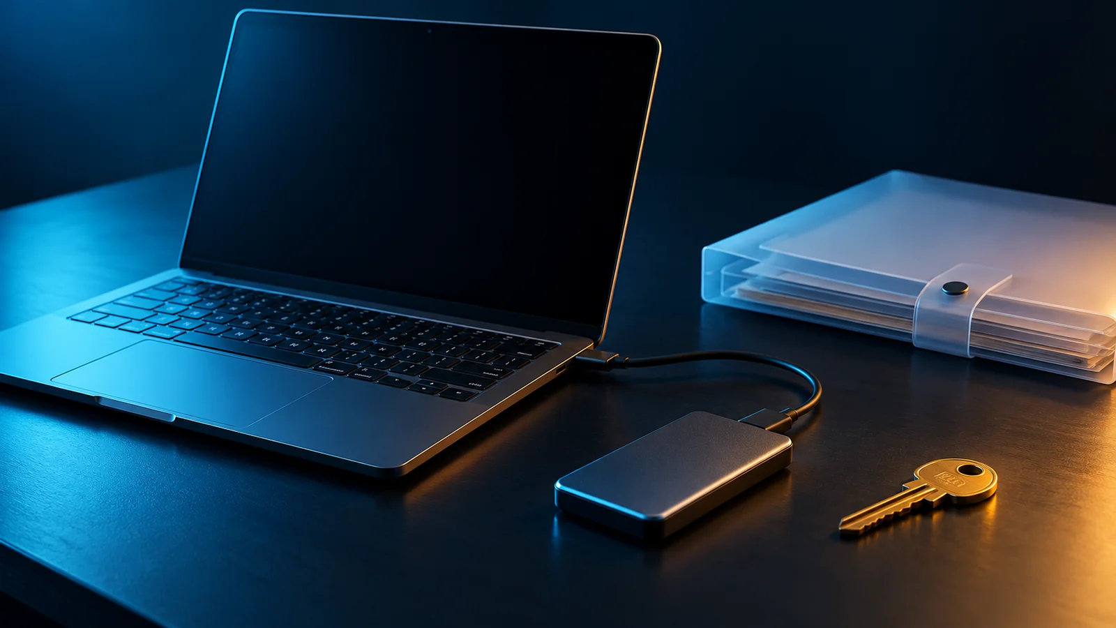 Laptop, external drive, folder and key symbol on a dark desk