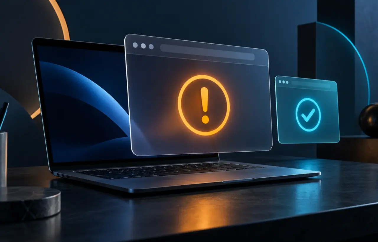 Laptop with an abstract browser page, an amber warning and a cyan protection symbol