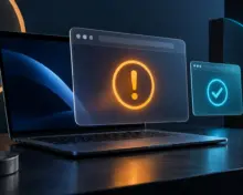 Laptop with an abstract browser page, an amber warning and a cyan protection symbol