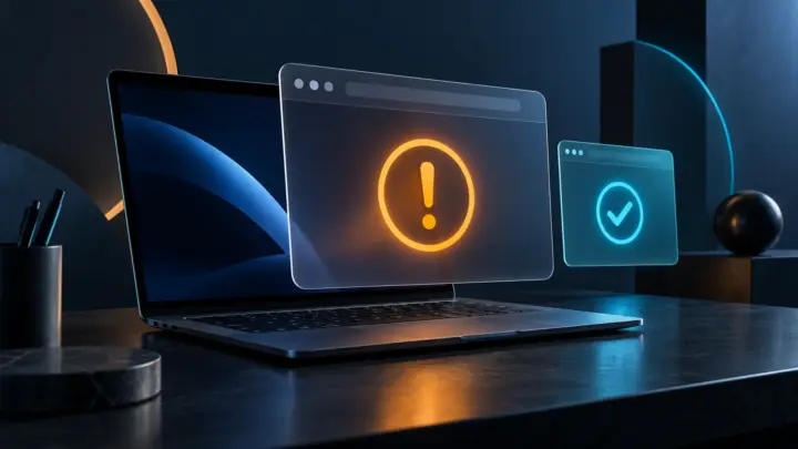 Laptop with an abstract browser page, an amber warning and a cyan protection symbol