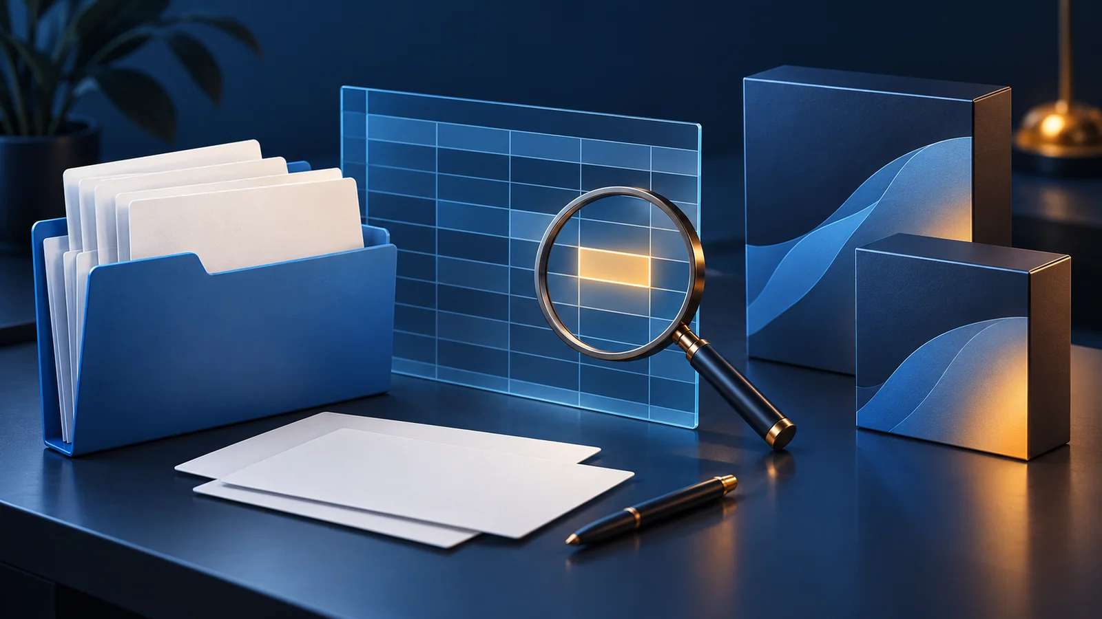Document folder, translucent spreadsheet under a magnifying glass and two packages