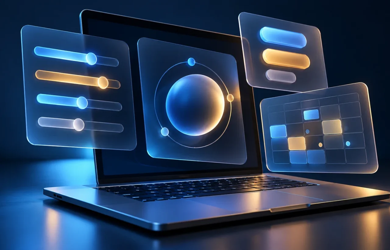 Laptop with translucent cards, buttons and planning elements