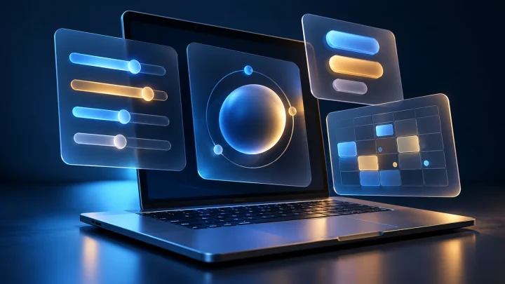 Laptop with translucent cards, buttons and planning elements