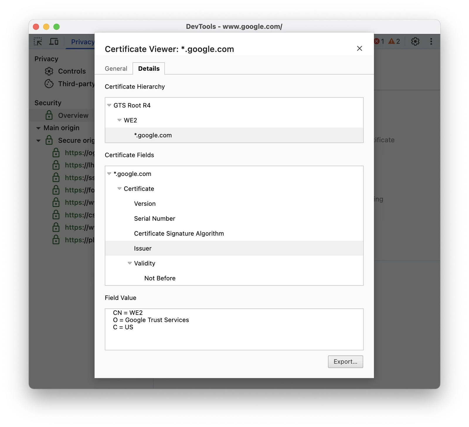 Chrome Certificate Viewer showing an example certificate chain for google.com
