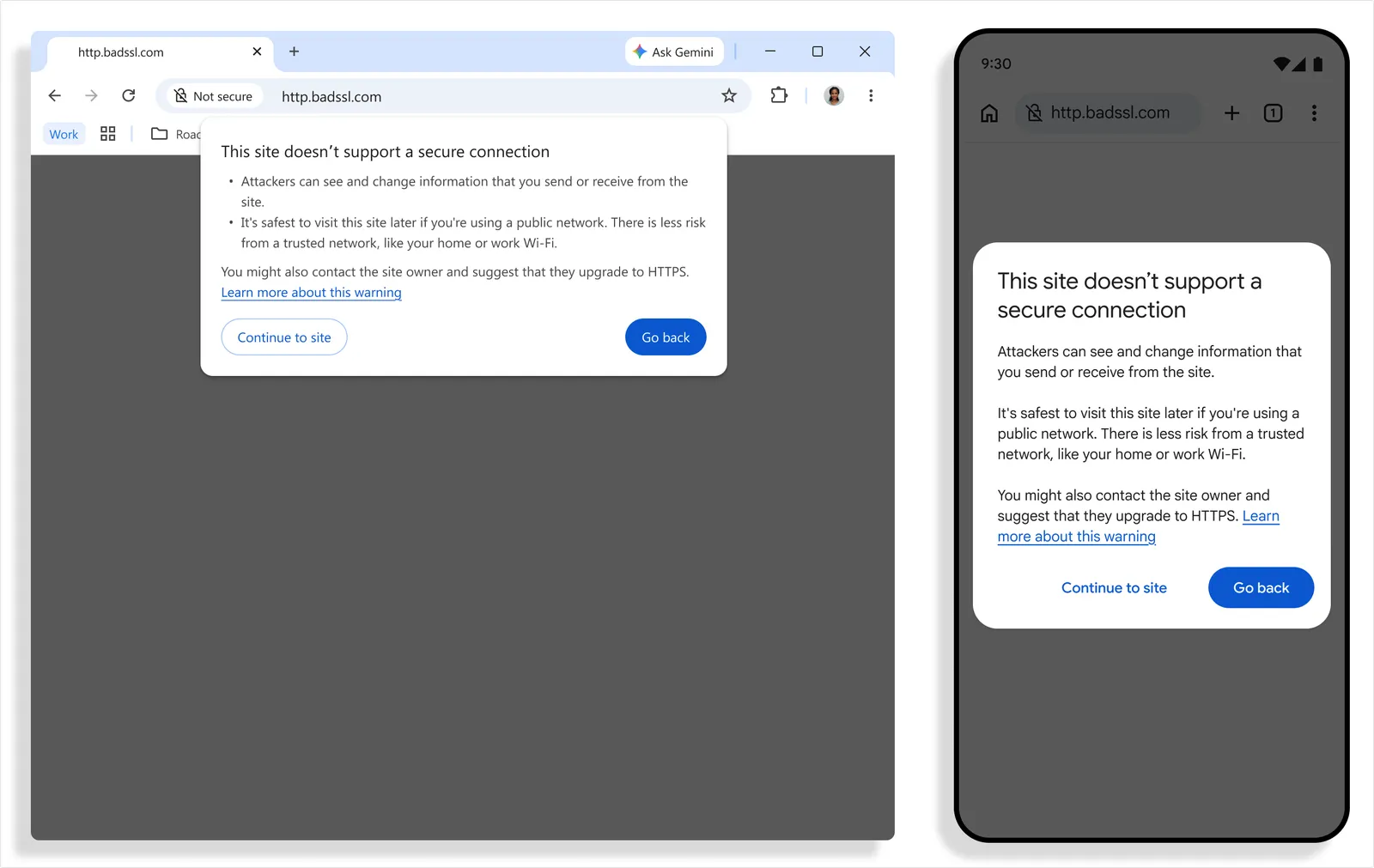 Official example of Chrome’s insecure-connection warning on a computer and smartphone