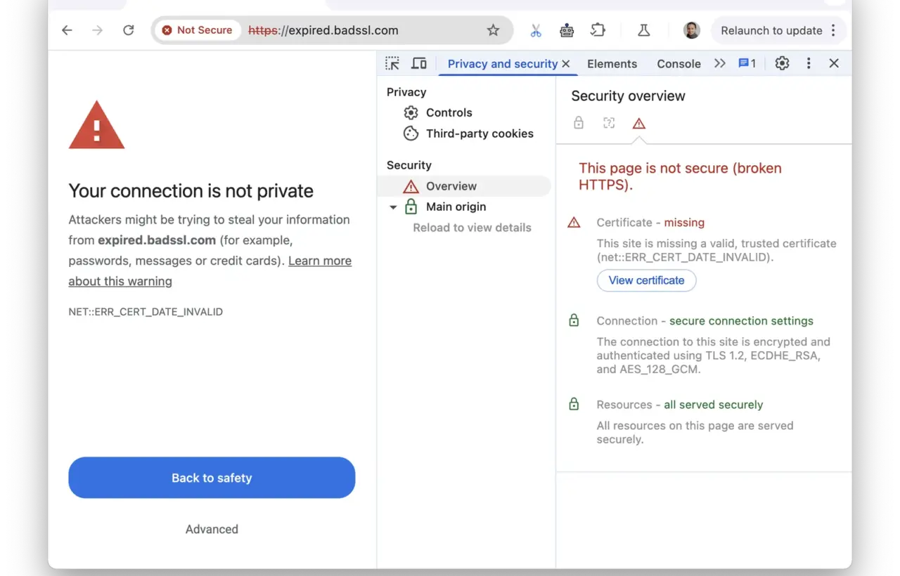 Educational Chrome screenshot with a privacy warning and an expired-certificate explanation in DevTools