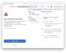 Educational Chrome screenshot with a privacy warning and an expired-certificate explanation in DevTools