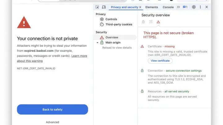 Educational Chrome screenshot with a privacy warning and an expired-certificate explanation in DevTools