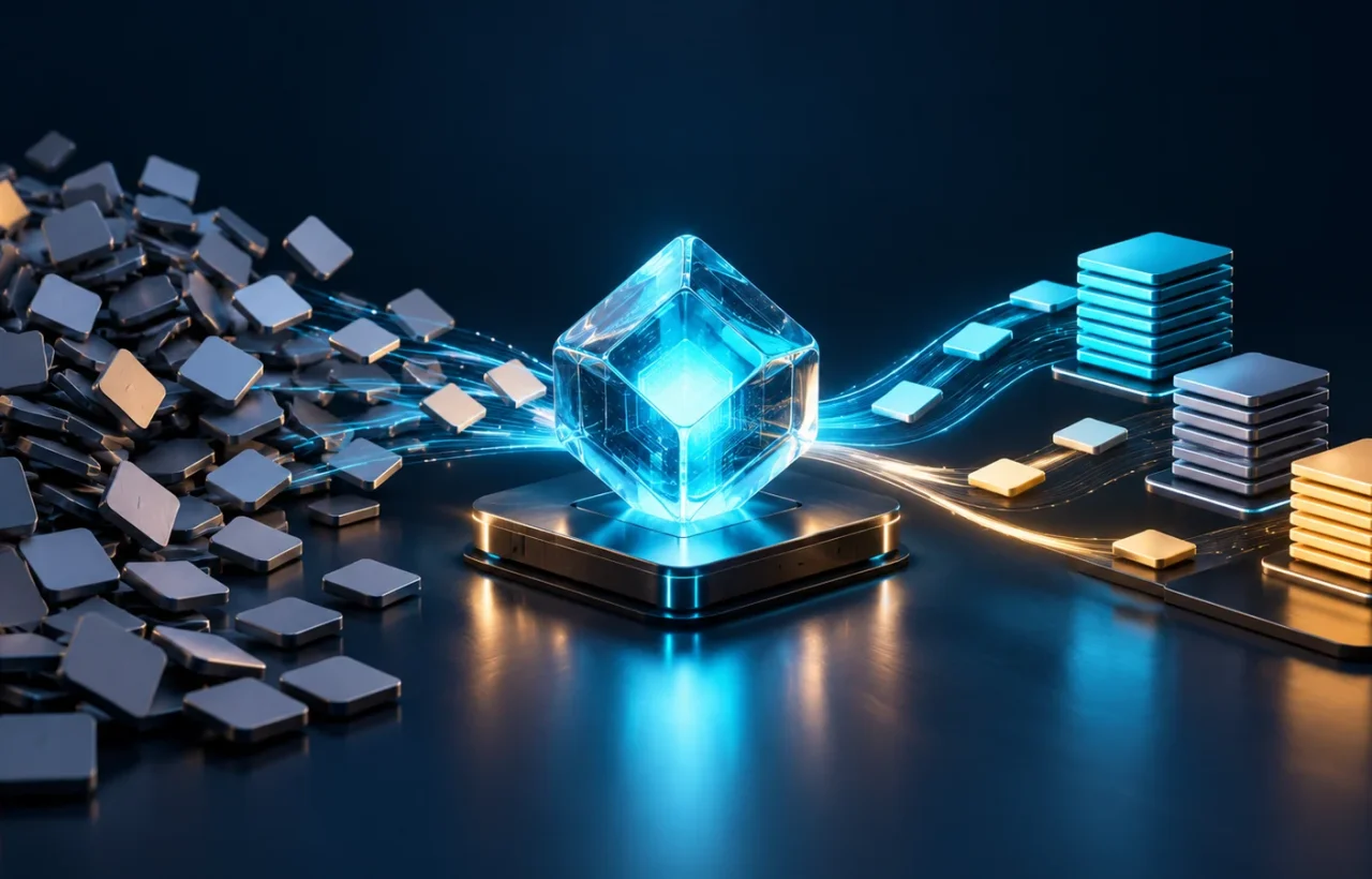 Small glowing computing core organizing task tiles into stacks