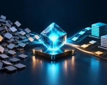 Small glowing computing core organizing task tiles into stacks