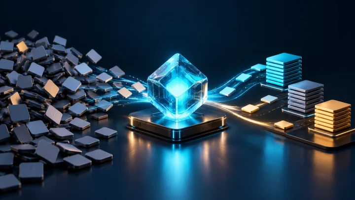 Small glowing computing core organizing task tiles into stacks