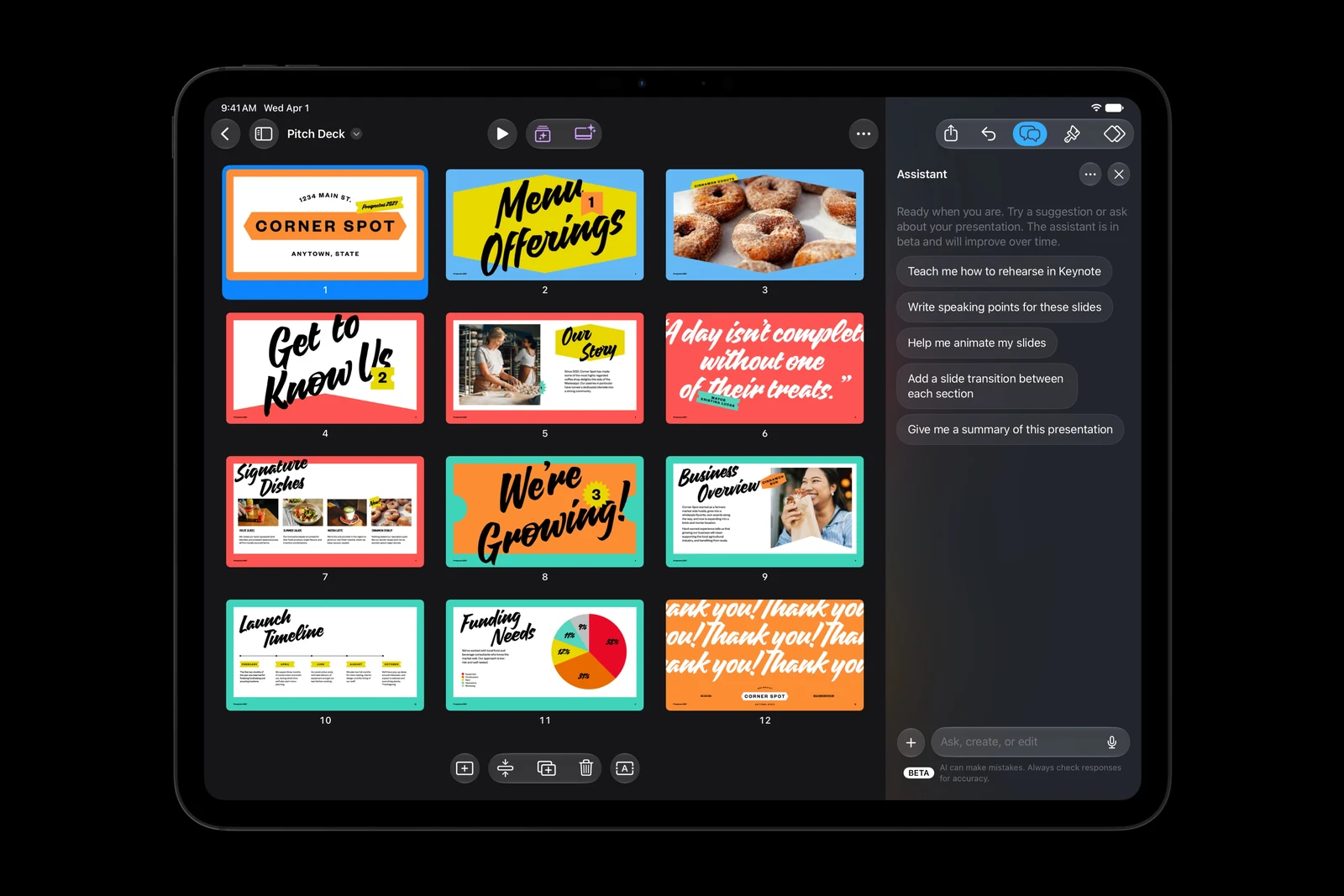 iPad Pro displaying a Keynote presentation, a grid of food-themed slides and the assistant panel on the right