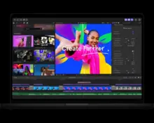 MacBook showing Final Cut Pro, an editing timeline and a colourful Create Further graphic in the preview