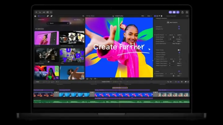 MacBook showing Final Cut Pro, an editing timeline and a colourful Create Further graphic in the preview