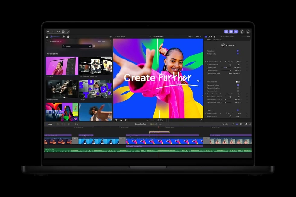 MacBook showing Final Cut Pro, an editing timeline and a colourful Create Further graphic in the preview