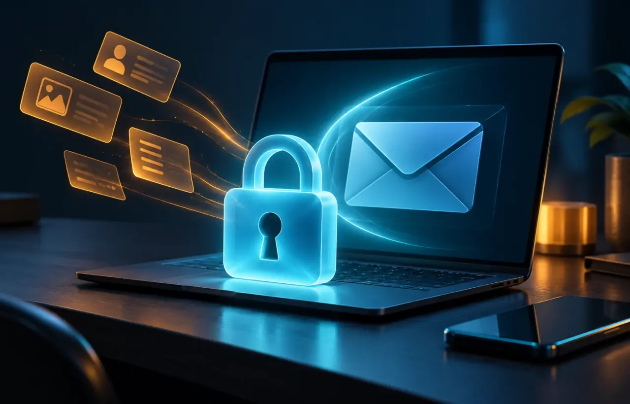 Laptop and smartphone with a cyan lock in front of an email symbol and detached amber data cards