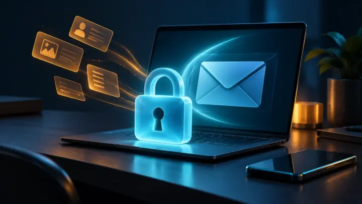 Laptop and smartphone with a cyan lock in front of an email symbol and detached amber data cards