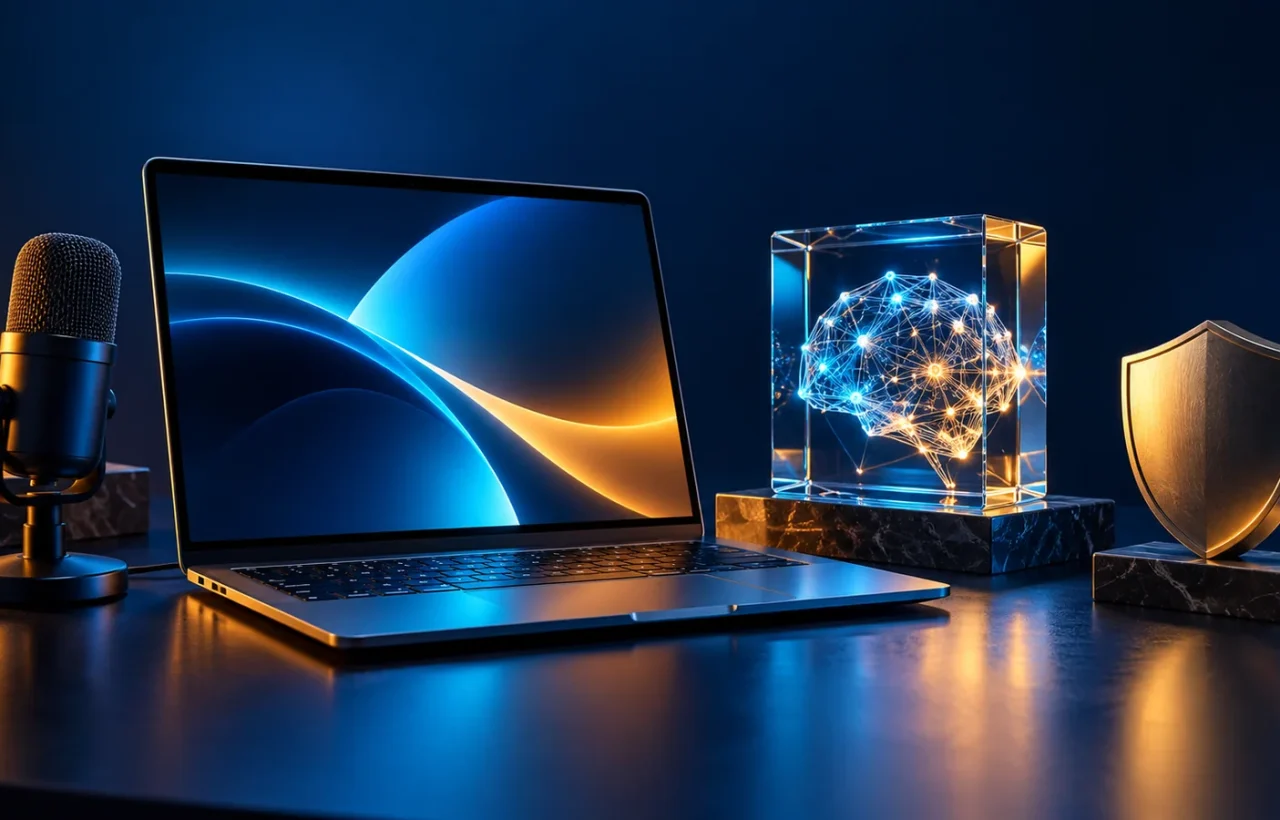 Laptop, microphone, translucent computing core and metal shield